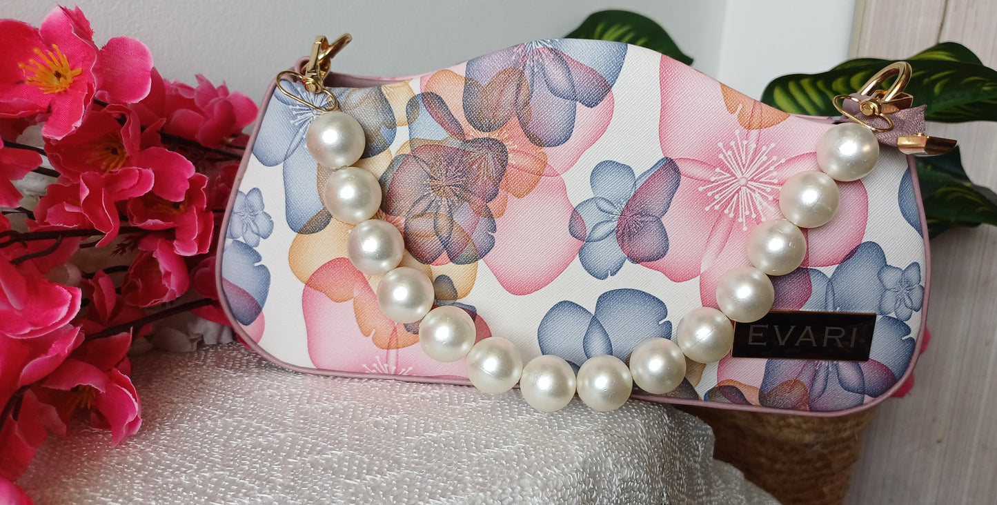 Grey Printed Pearl Handle Baguette Bag
