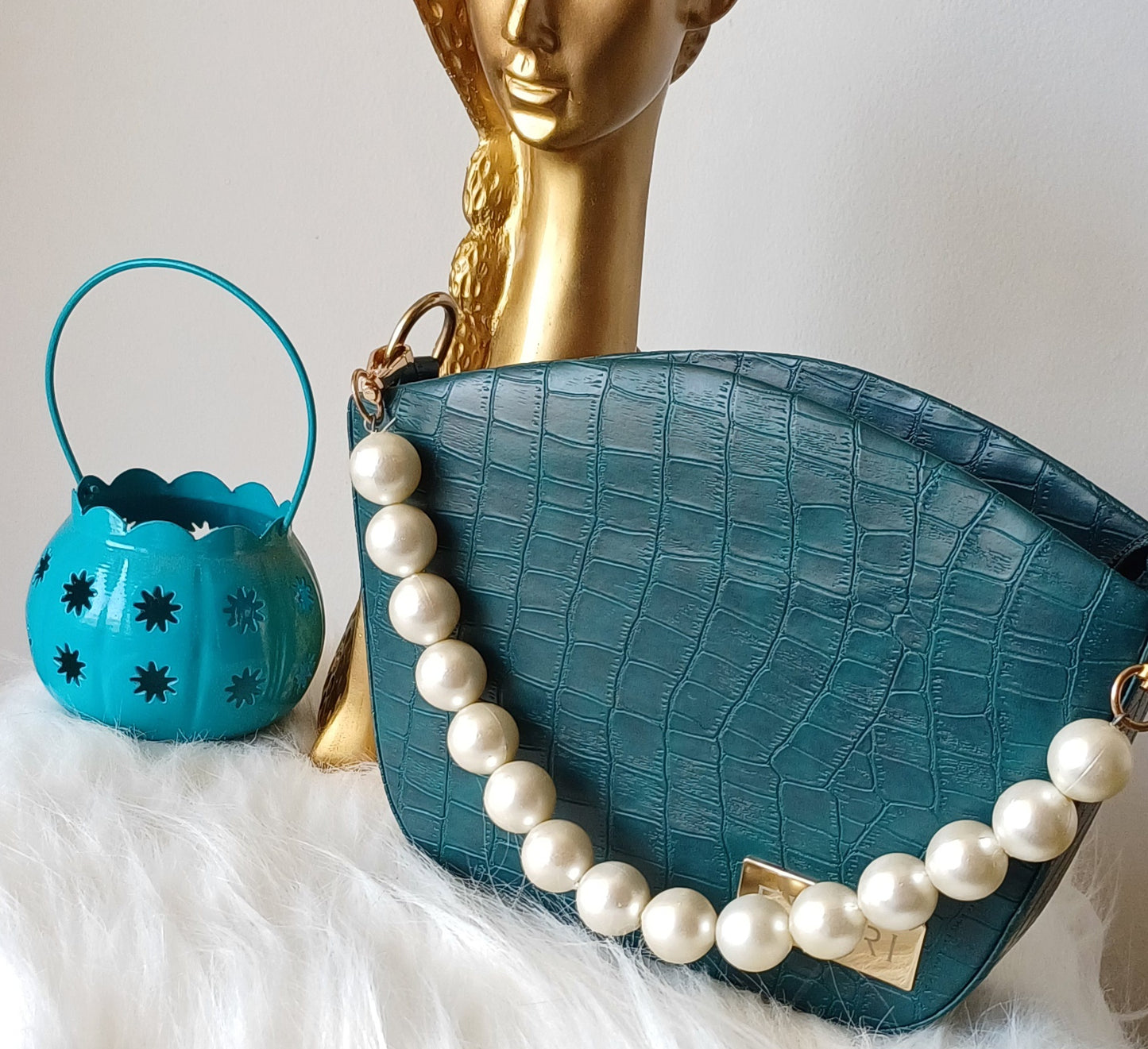 Green Pearl Handle Bucket Sling Bag