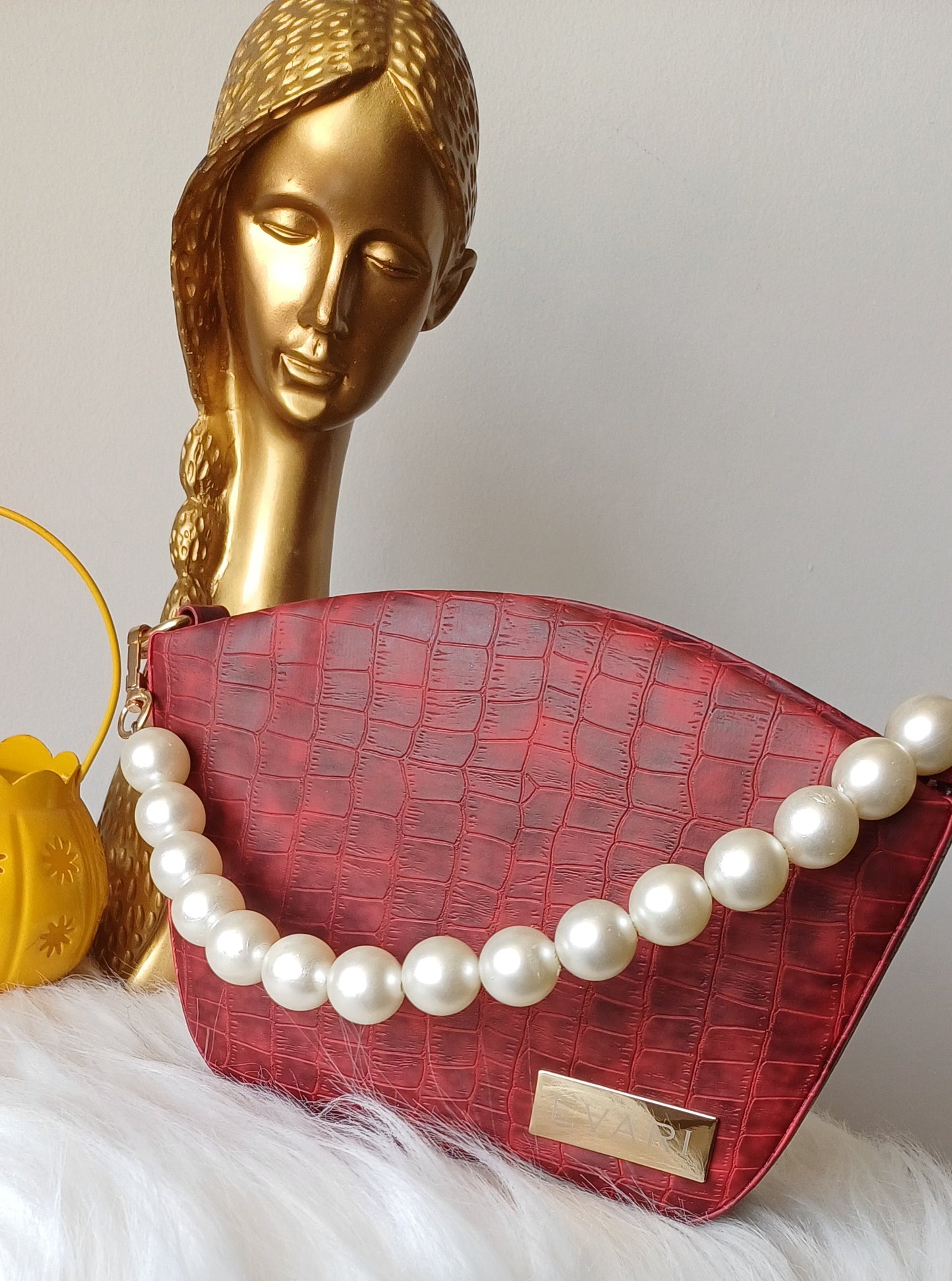 Red Pearl Handle Bucket Sling Bag