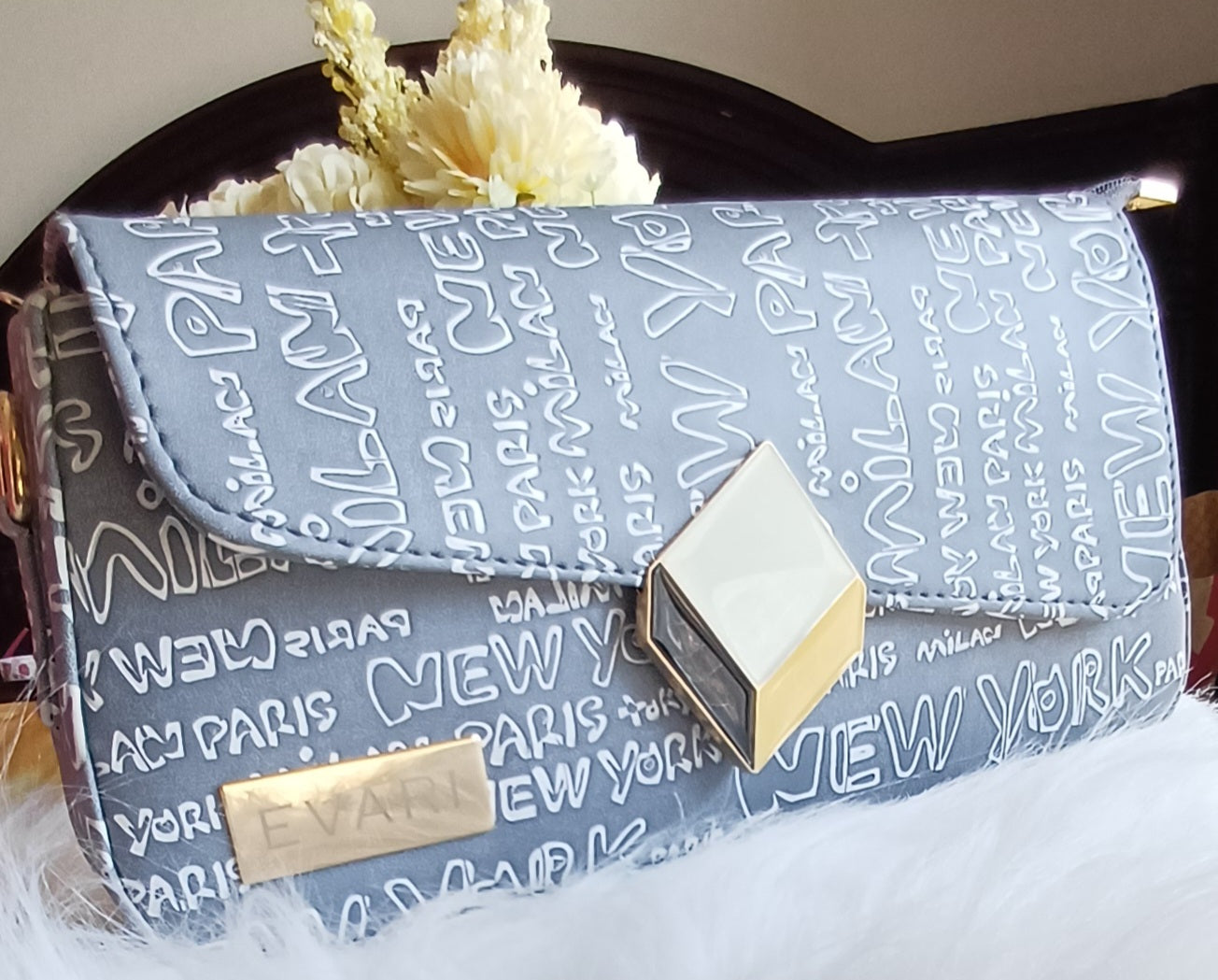 Brown Printed 3D Lock Baguette Bag