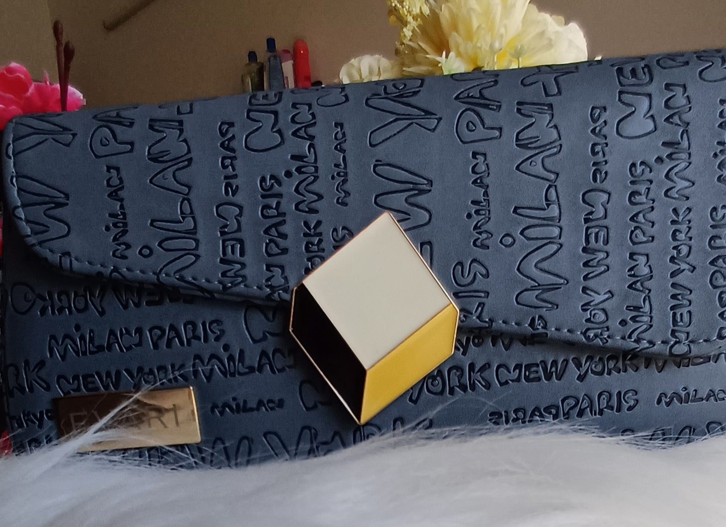Grey-White Printed 3D Lock Baguette Bag