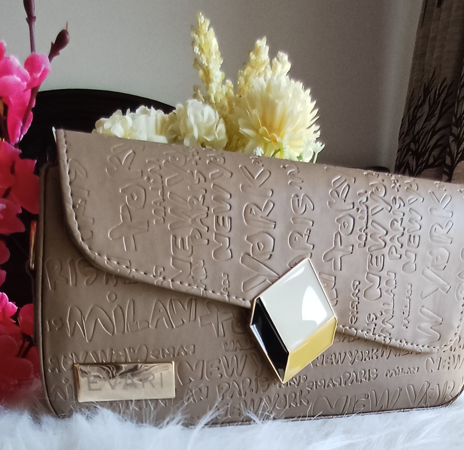Brown Printed 3D Lock Baguette Bag