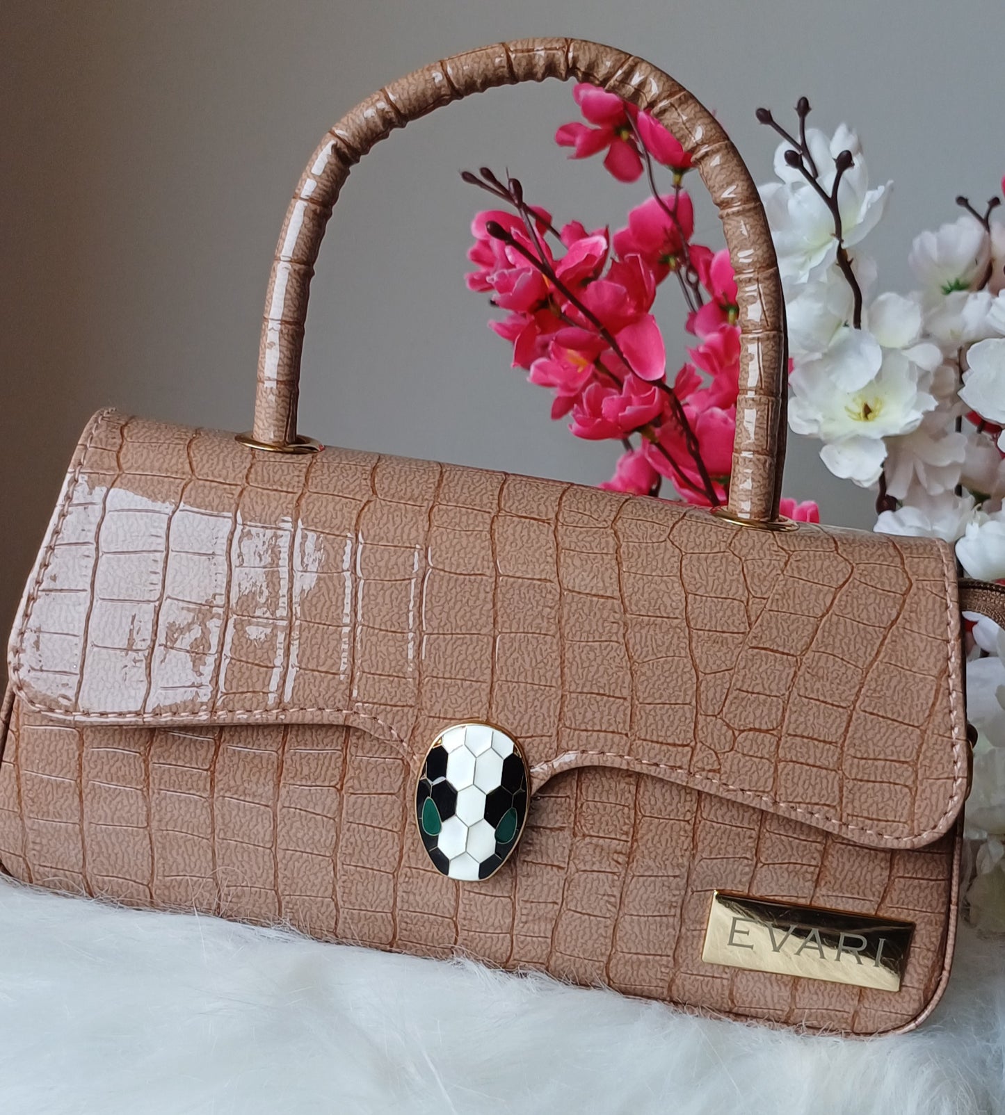Brown Snake Lock Baguette Bag