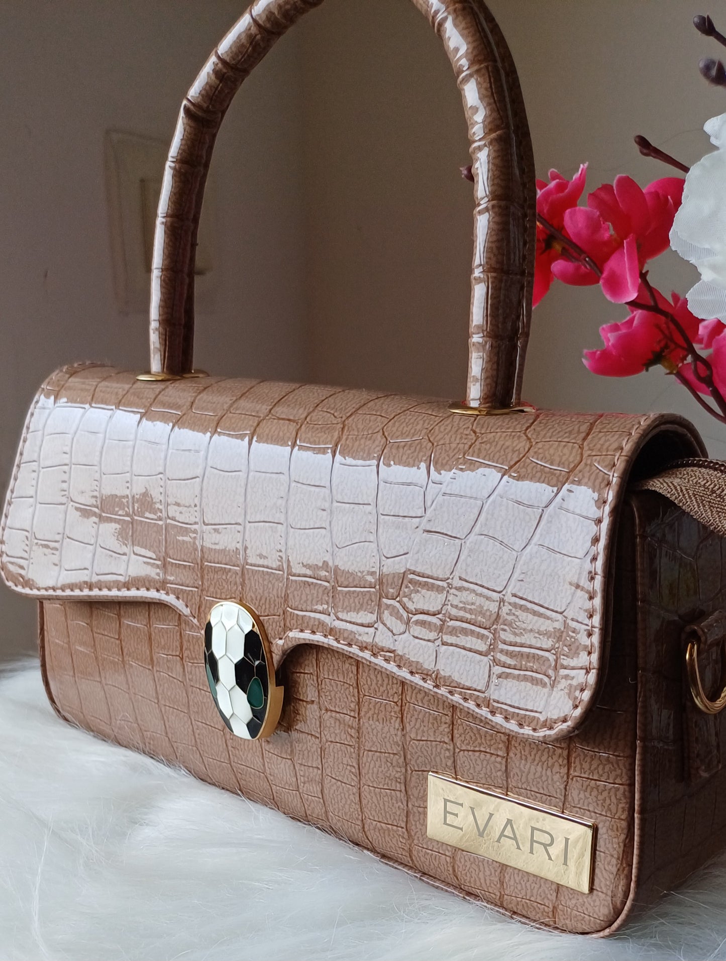 Brown Snake Lock Baguette Bag