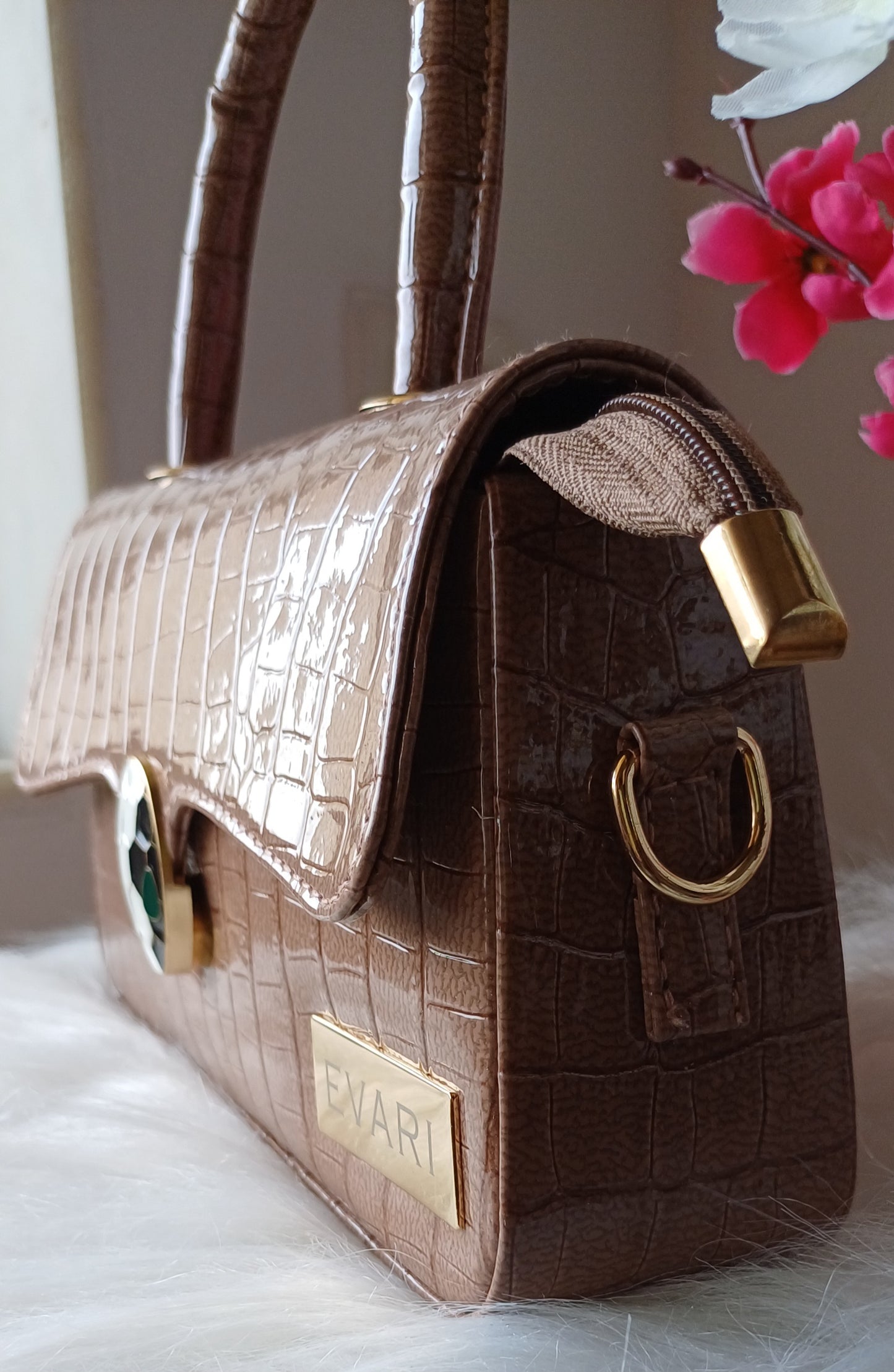 Brown Snake Lock Baguette Bag