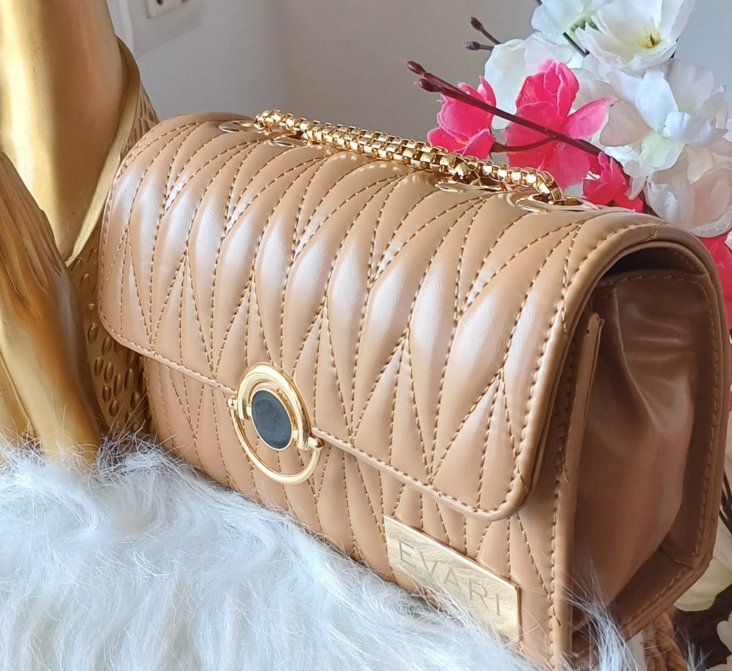 Apricot Brown Round Lock Quilt Sling Bag