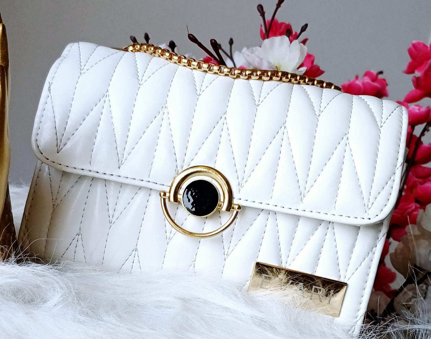 White Round Lock Quilt Sling Bag