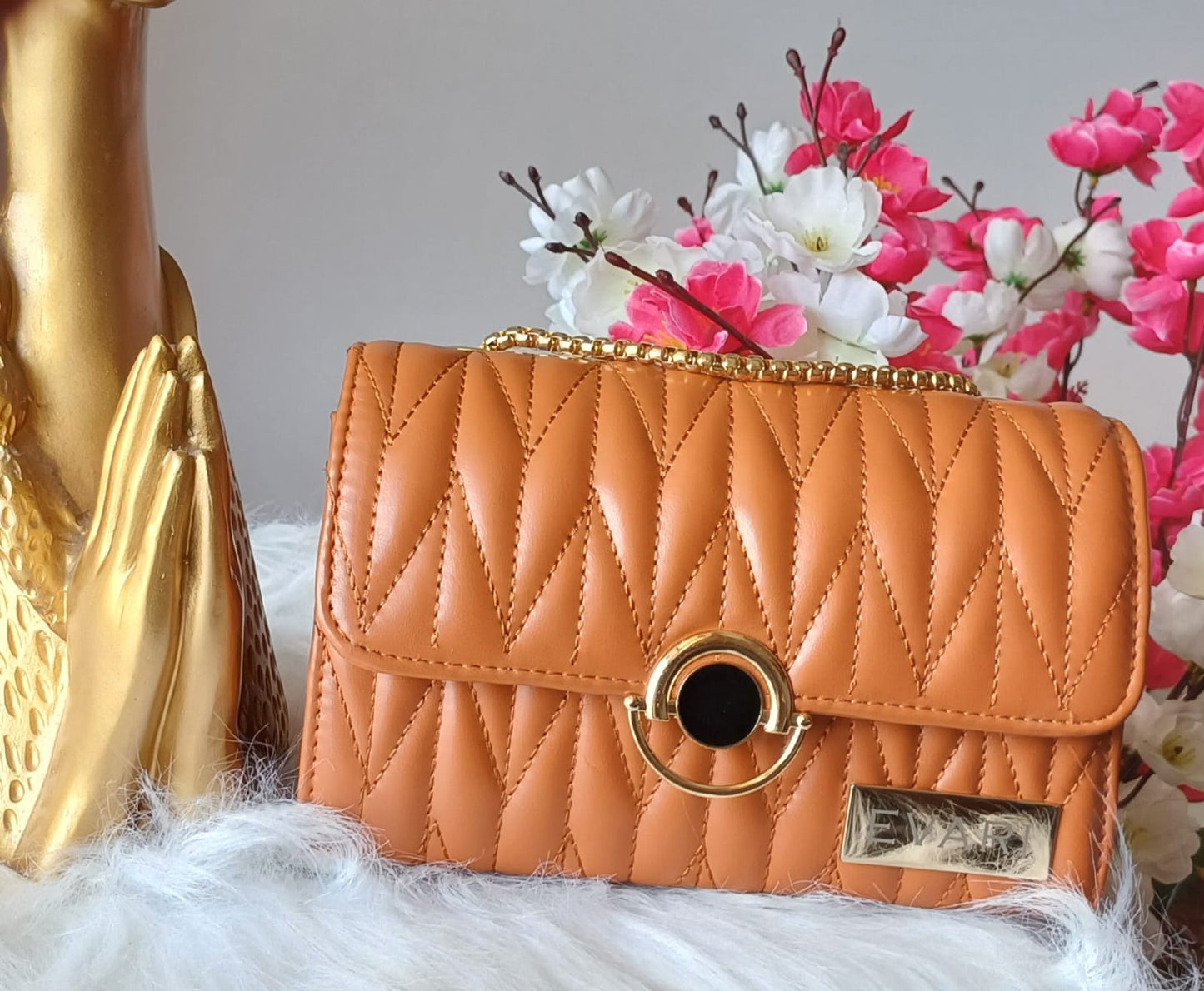 Tan Brown Round Lock Quilt Sling Bag