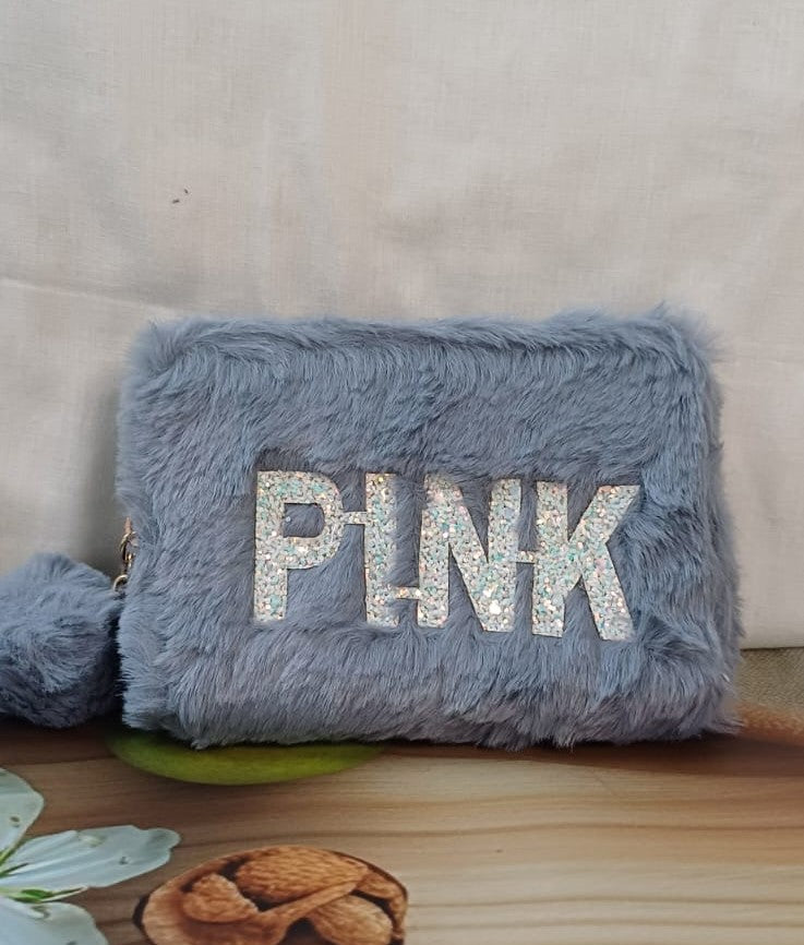 Grey PINK Fur Pocket Wallet