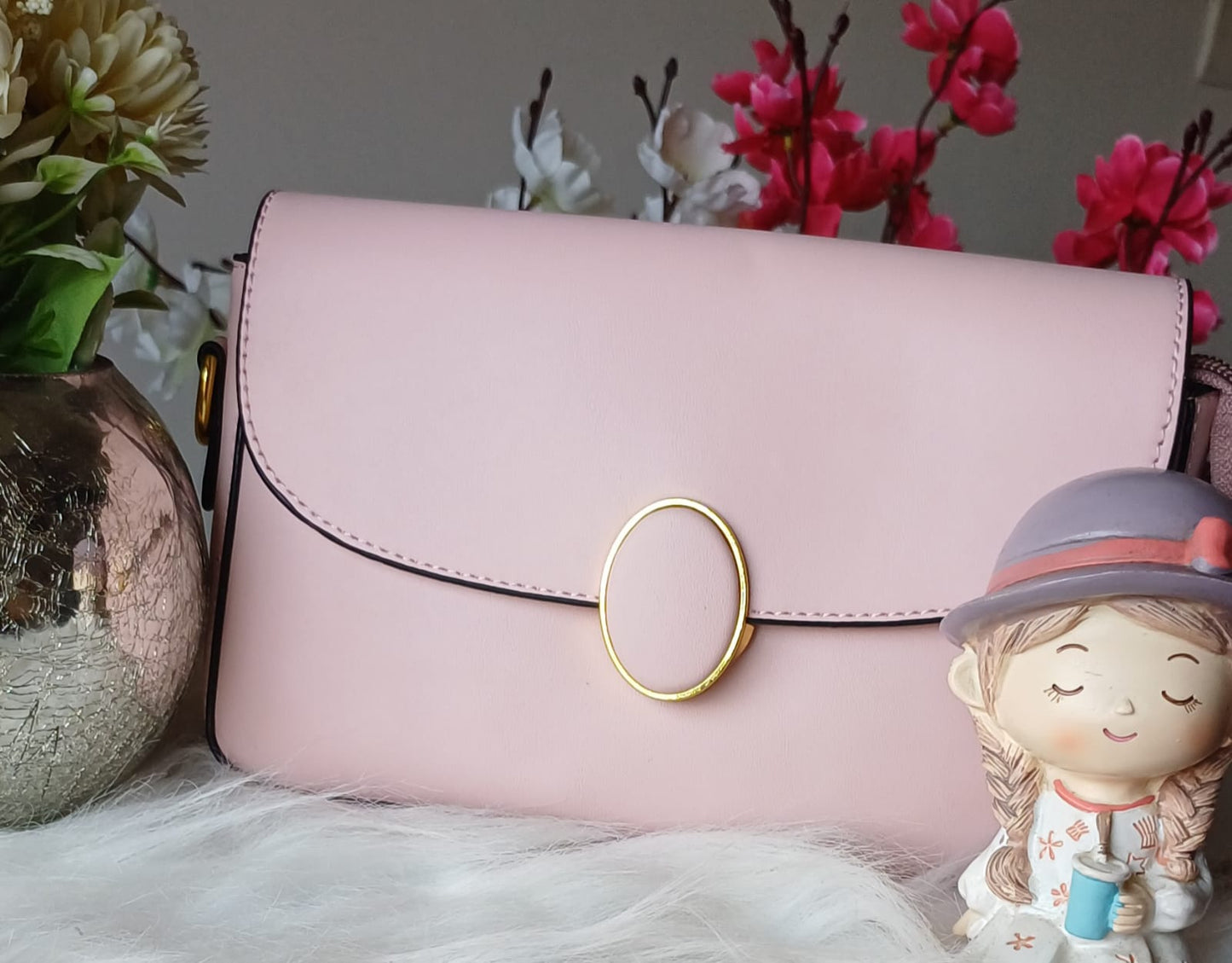 Beige Oval Lock Sling Bag