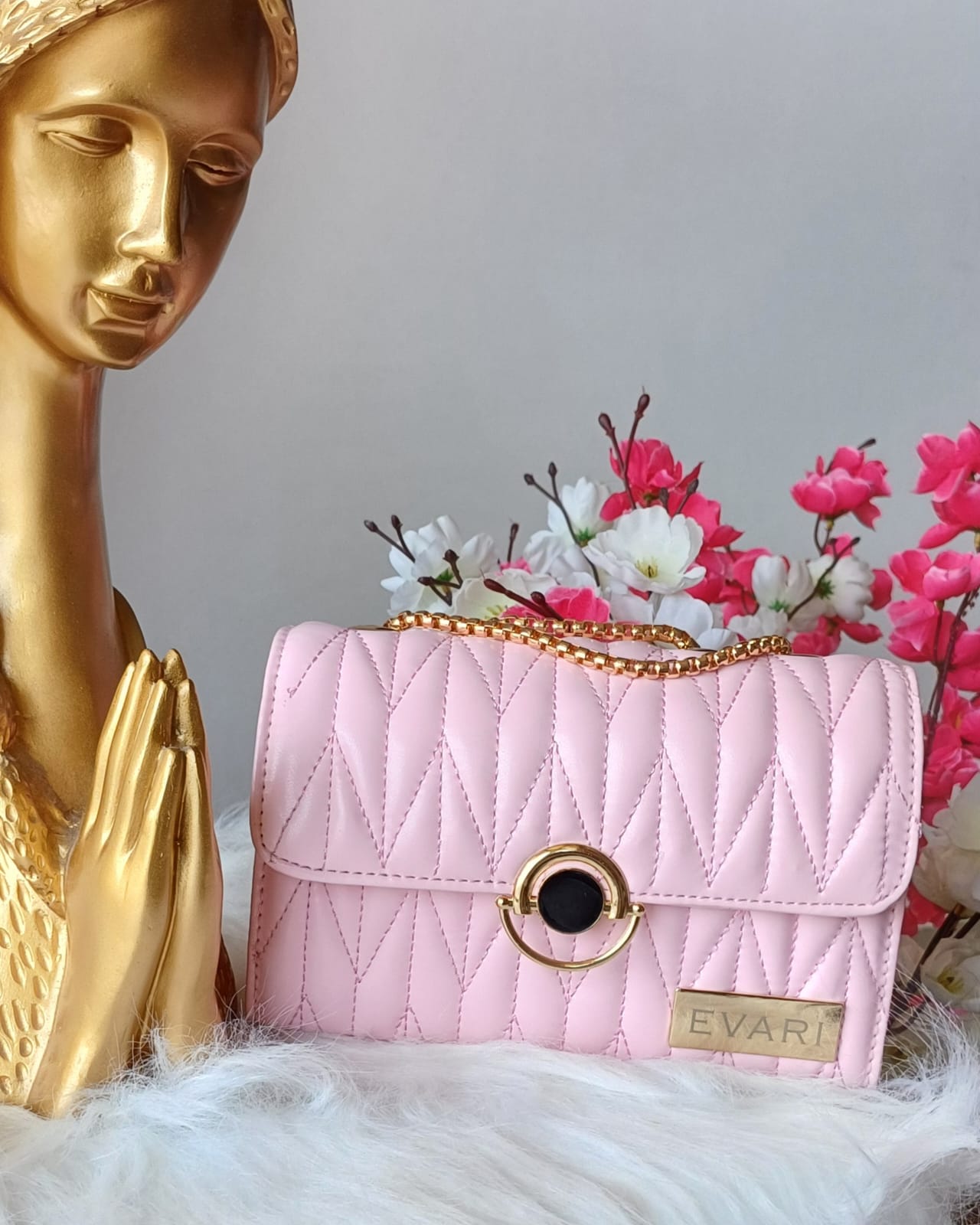 Pink Round Lock Quilt Sling Bag