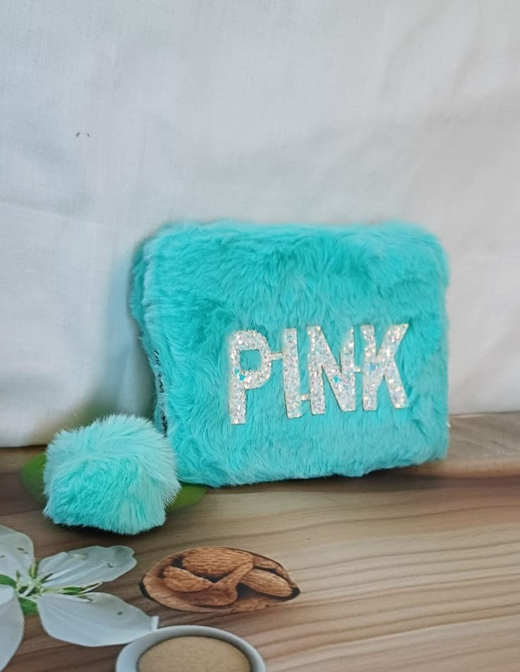 Turquoise Blue PINK Fur Pocket Wallet