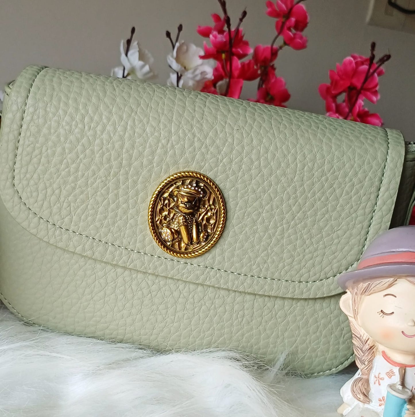 Green Gold Lock Textured Sling Bag