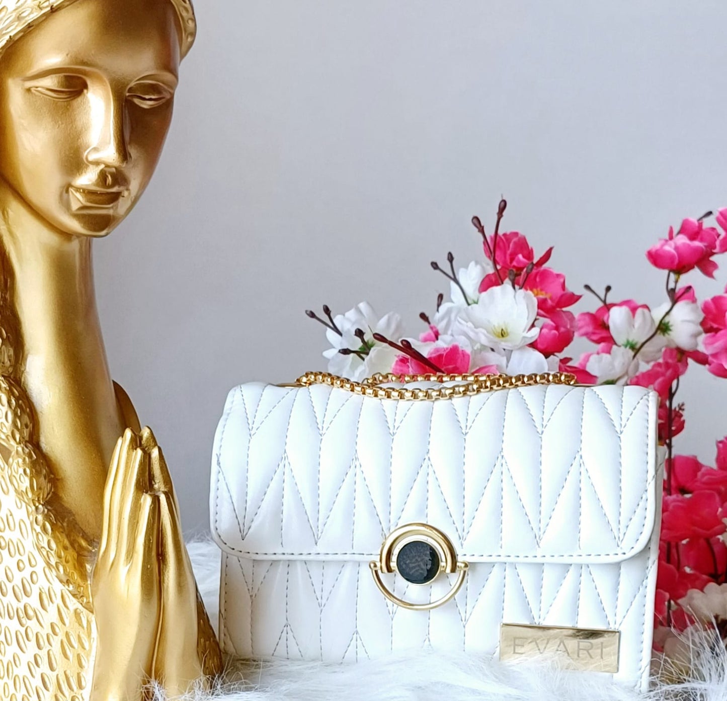 White Round Lock Quilt Sling Bag