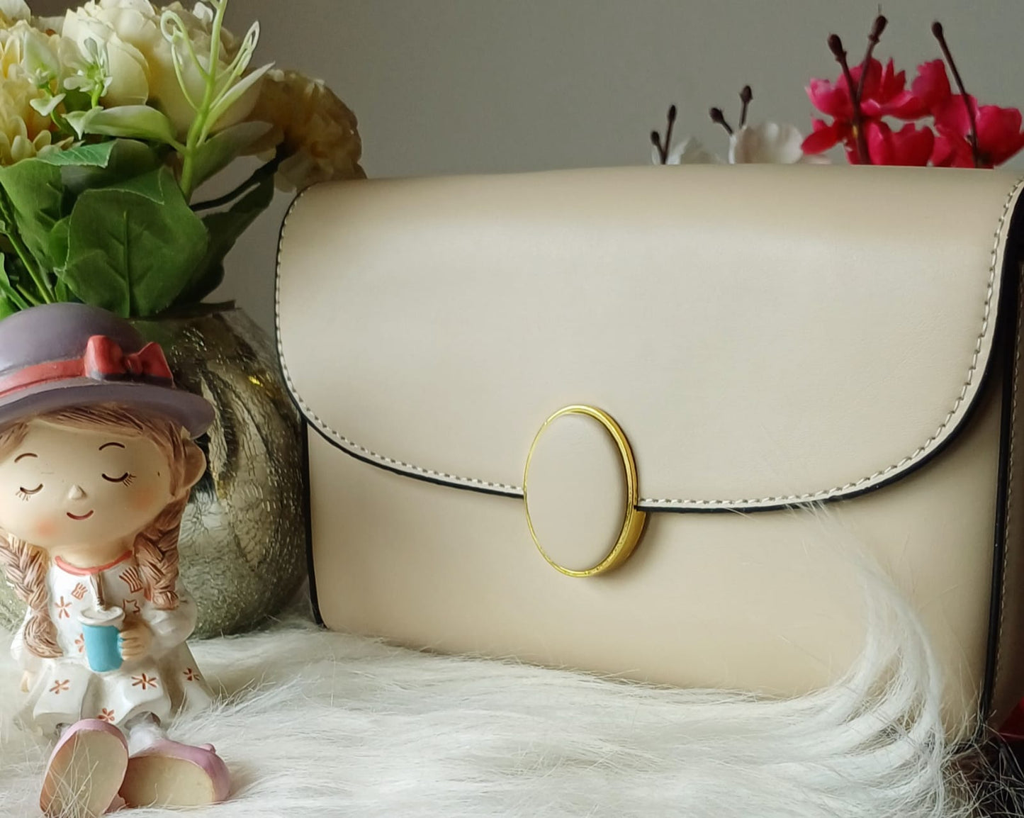 Beige Oval Lock Sling Bag 