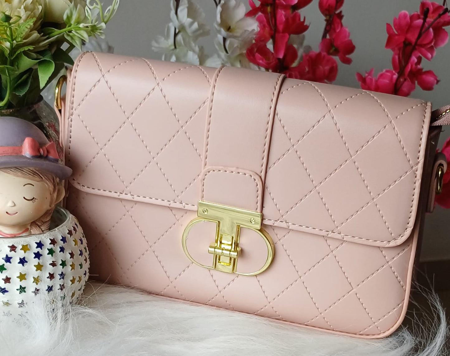 Peach Croco Metal Lock Sling Bag