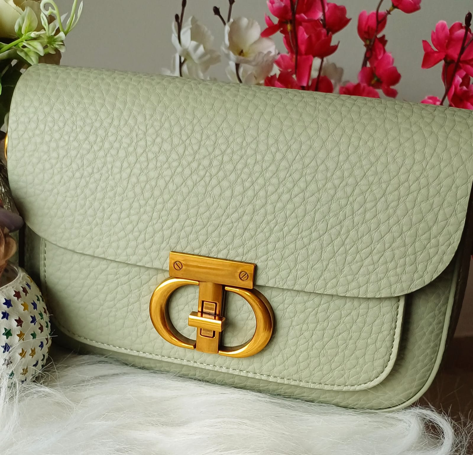 Green Textured Gold Lock Sling Bag