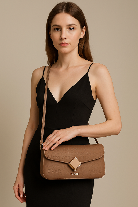 Brown Printed 3D Lock Baguette Bag