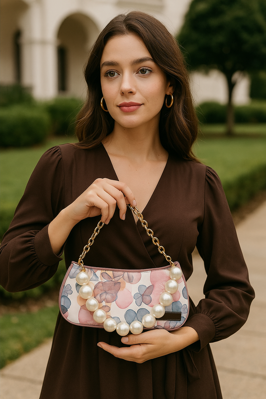 Pink Printed Pearl Handle Baguette Bag