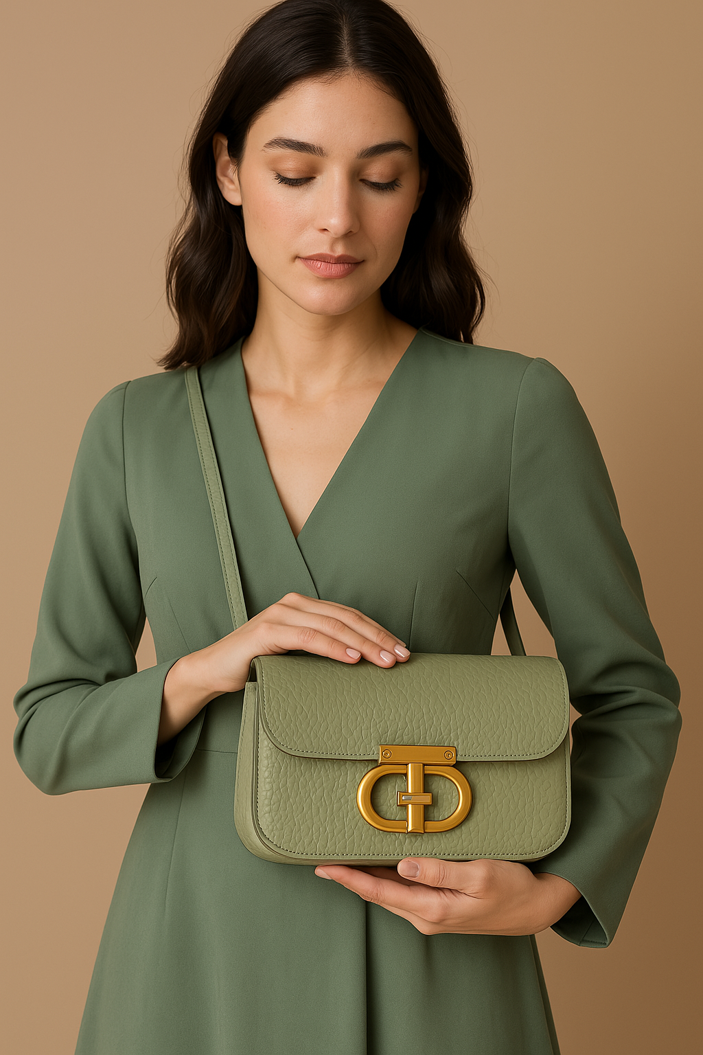 Green Textured Gold Lock Sling Bag