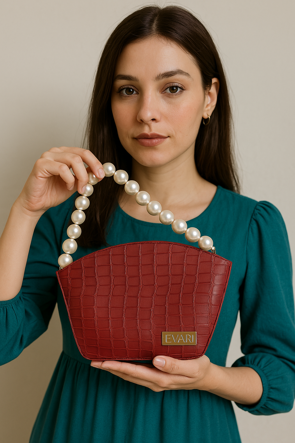 Red Pearl Handle Bucket Sling Bag