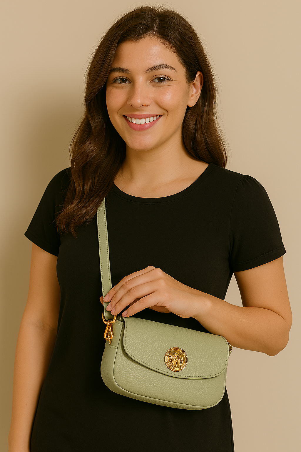 Green Gold Lock Textured Sling Bag