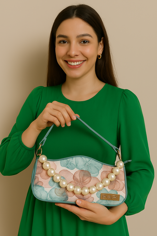 Green Printed Pearl Handle Baguette Bag