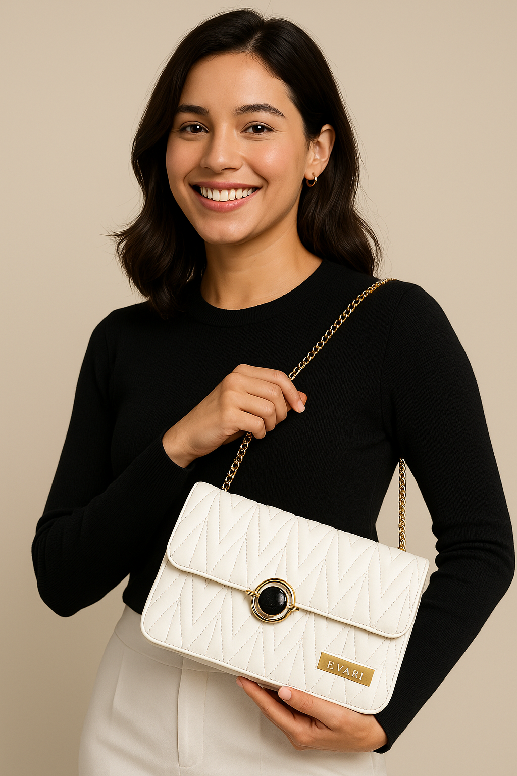 White Round Lock Quilt Sling Bag